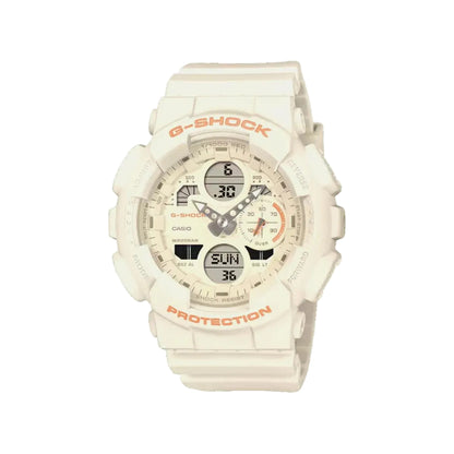 White G-Shock watch with orange text on a white background