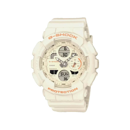 White G-Shock watch with orange text on a white background