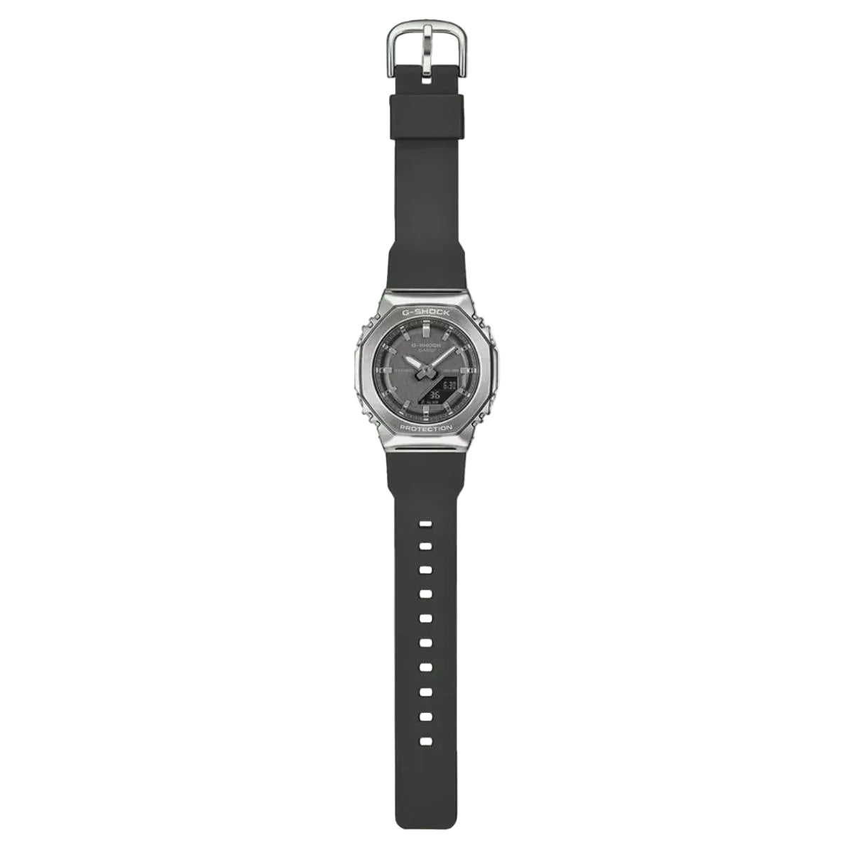 Watch with black strap and silver case on a white background