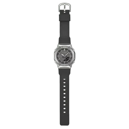 Watch with black strap and silver case on a white background