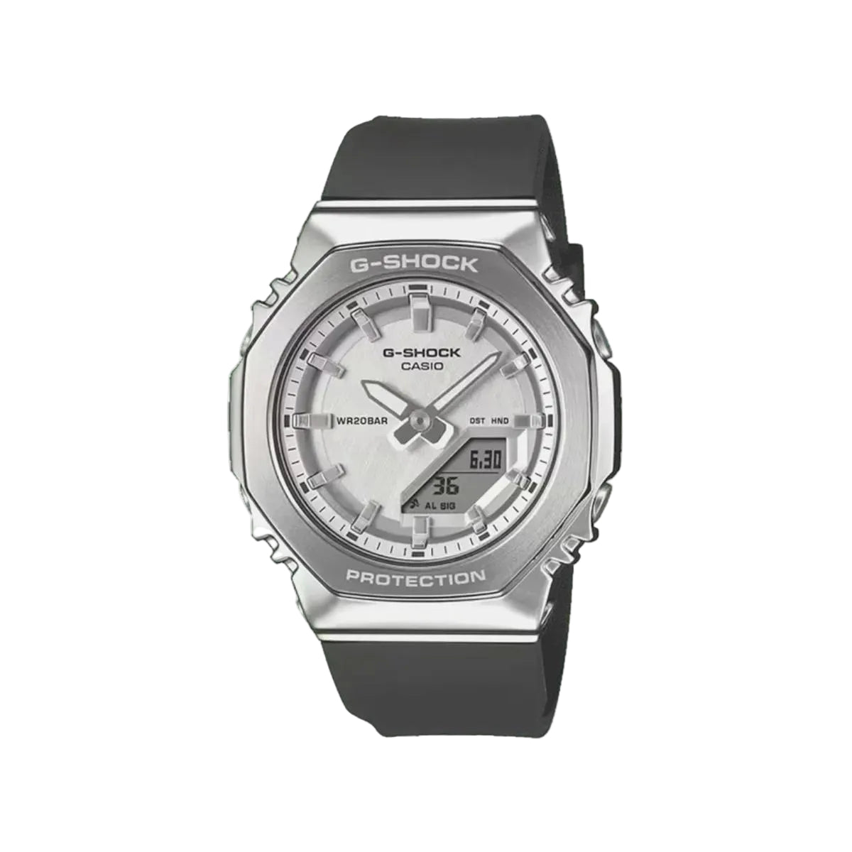 G-Shock Casio watch with silver case and black strap on a light gray background
