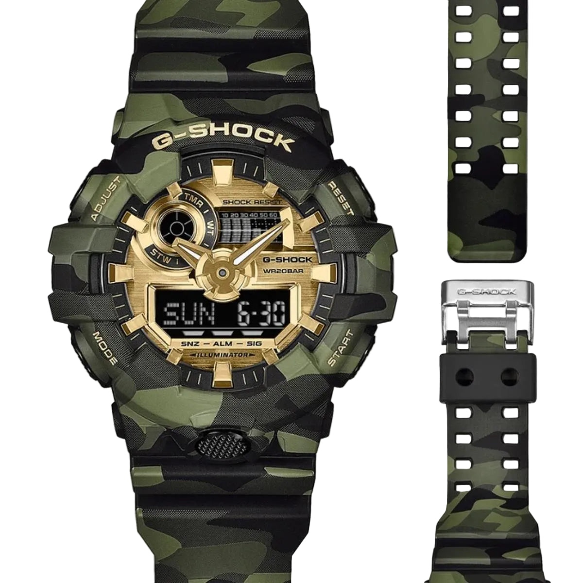 G-Shock watch with camouflage strap and gold face on a light gray background