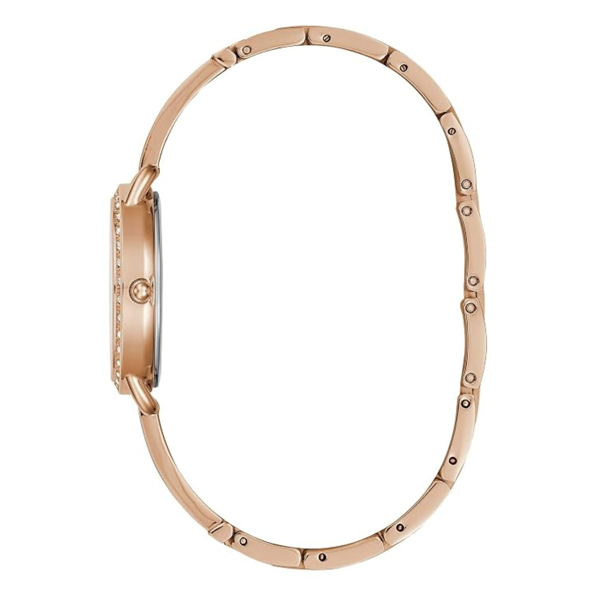 Rose gold women's watch shown from the side profile, featuring a slim rectangular case with a crystal-embellished bezel and a matching segmented metal bracelet on a white background.