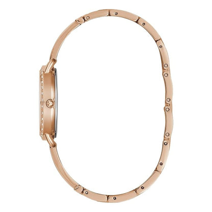Rose gold women's watch shown from the side profile, featuring a slim rectangular case with a crystal-embellished bezel and a matching segmented metal bracelet on a white background.