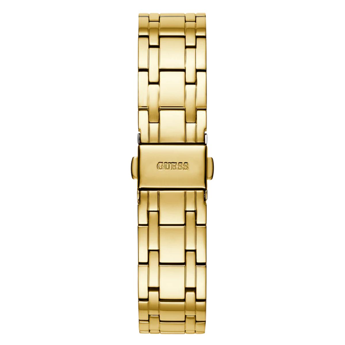 Gold watch band with Guess logo on a white background