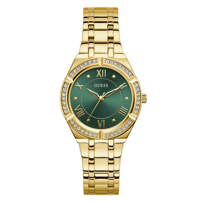Gold watch with a green face and diamond accents on a white background