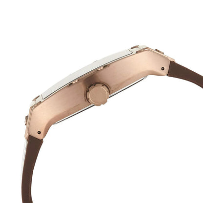 Rose gold watch with brown strap on a white background