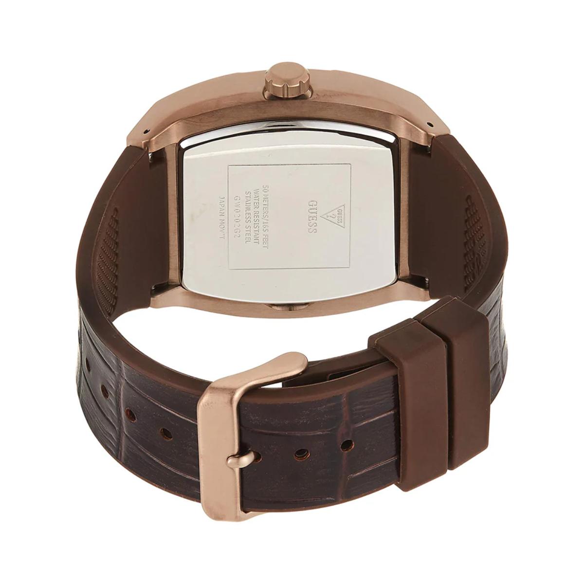 Watch with brown strap and rose gold case on a white background