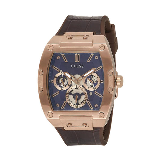 Guess watch with rose gold case and brown leather strap on a white background