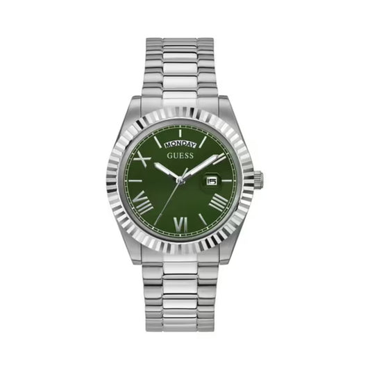 A Guess men's analog watch featuring a silver stainless steel link bracelet, a fluted bezel, and a dark green dial with Roman numeral hour markers and a date window.
