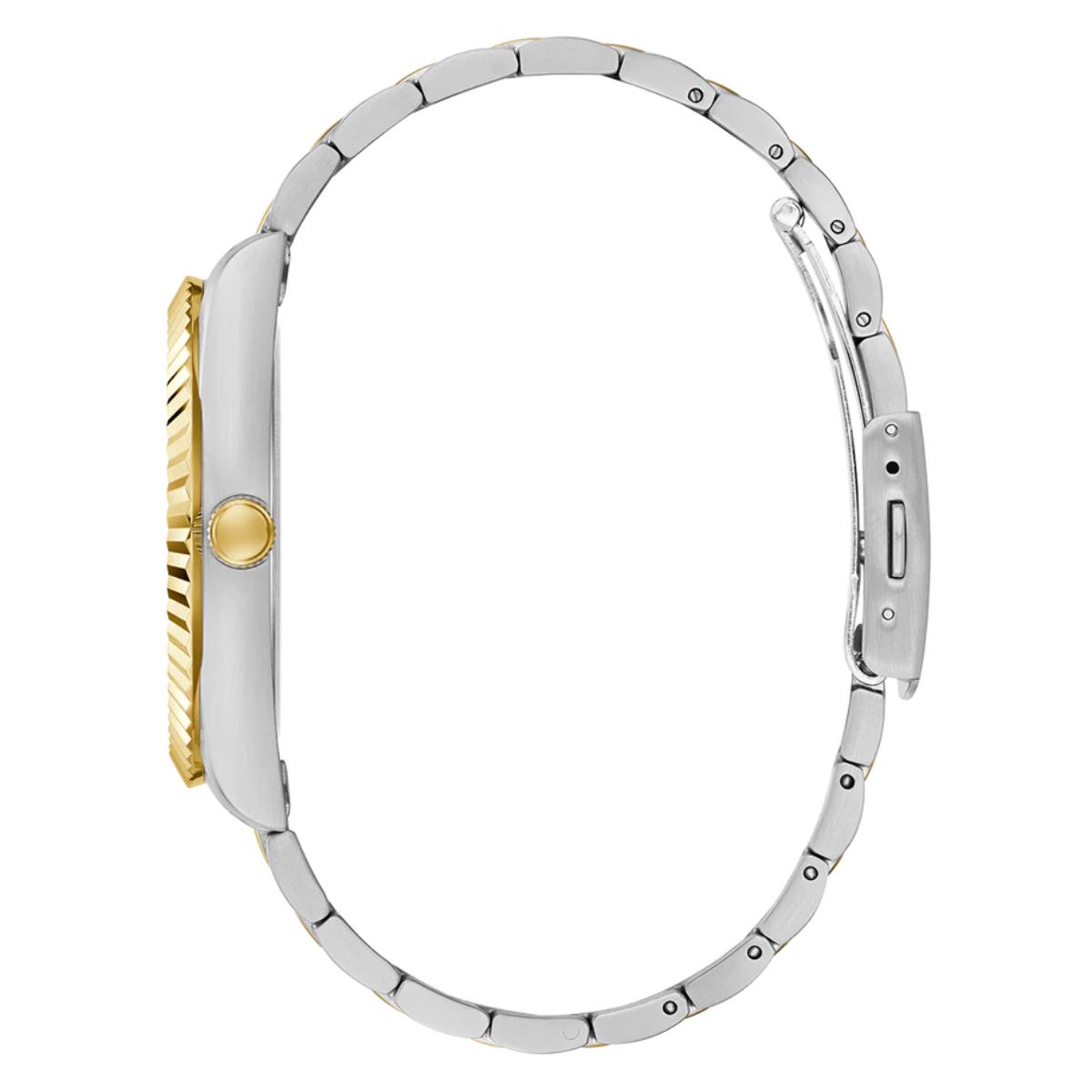 Close-up of a watch with a silver and gold band on a white background