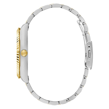 Close-up of a watch with a silver and gold band on a white background
