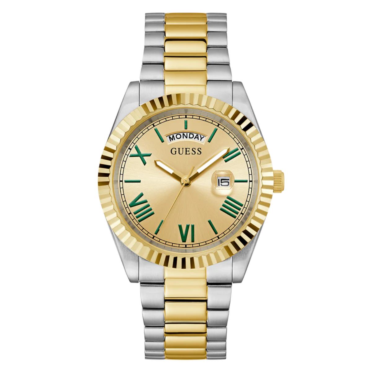 Two-tone gold and silver watch with green Roman numerals on a white background