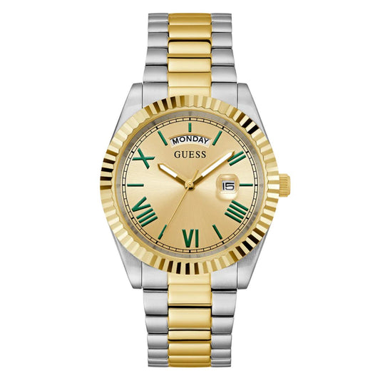 Two-tone gold and silver watch with green Roman numerals on a white background