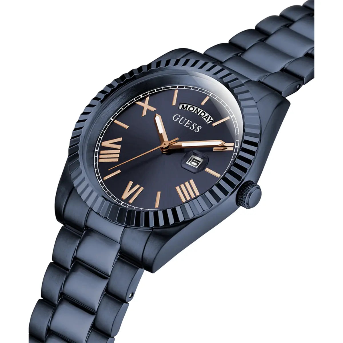 Black Guess watch with a metallic band on a white background