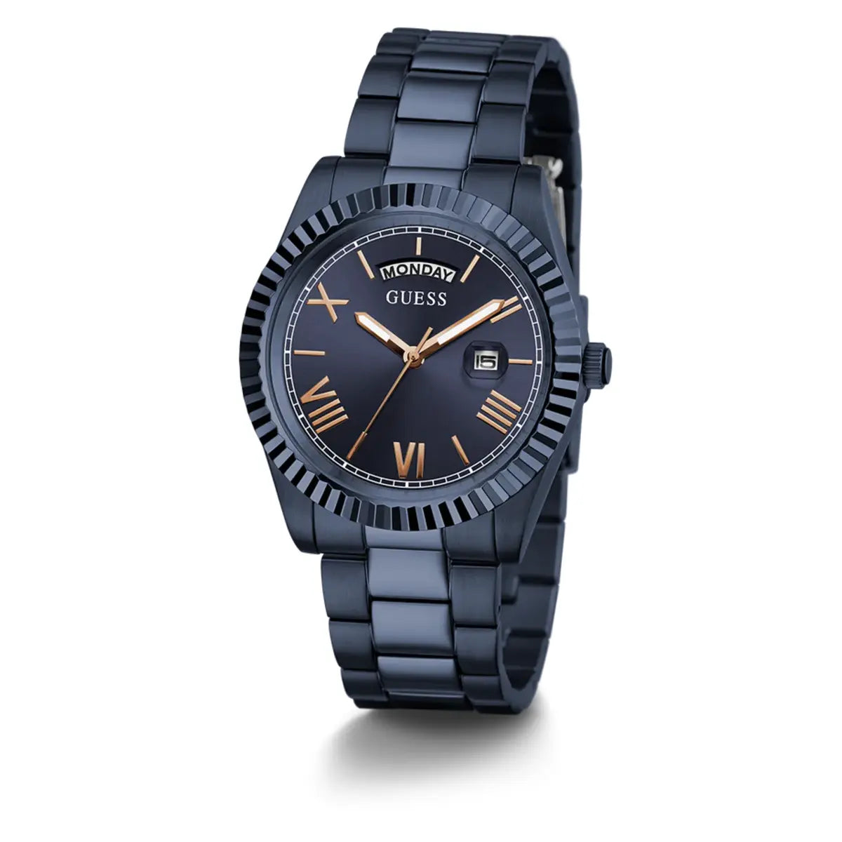 Blue Guess watch with black dial on a white background