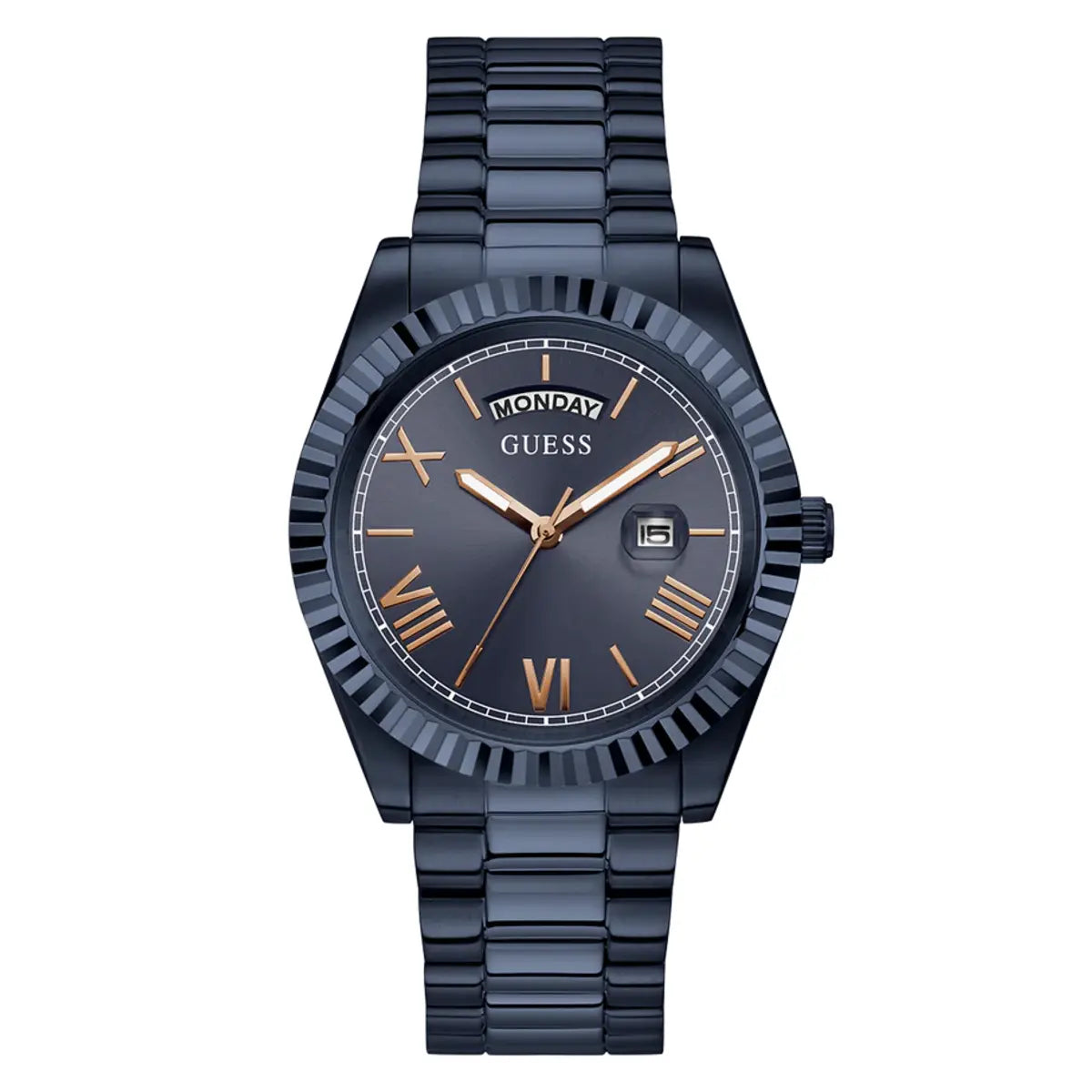 Black Guess watch with rose gold accents on a white background