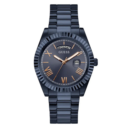 Black Guess watch with rose gold accents on a white background