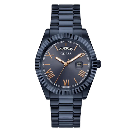 Black Guess watch with rose gold accents on a white background