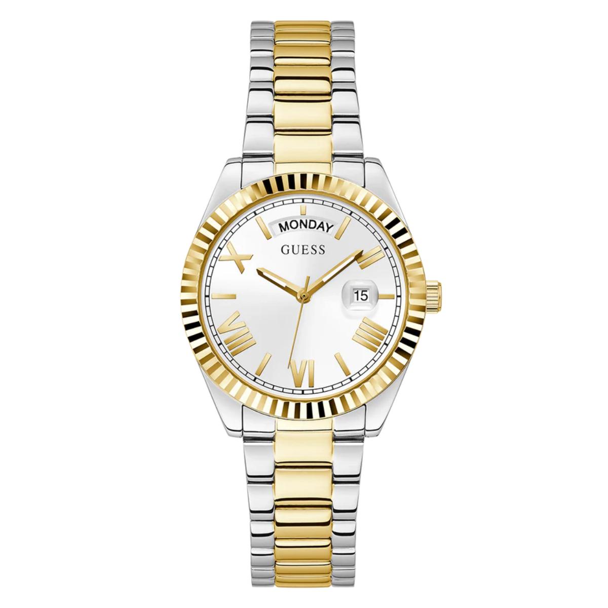 Two-tone gold and silver watch with a white face on a white background