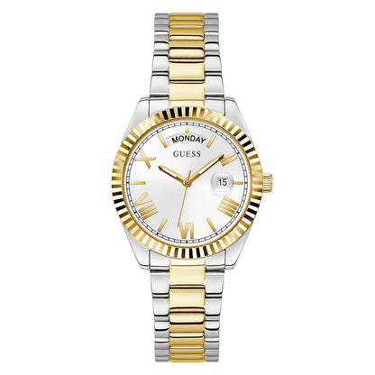 Two-tone gold and silver watch with a white face on a white background