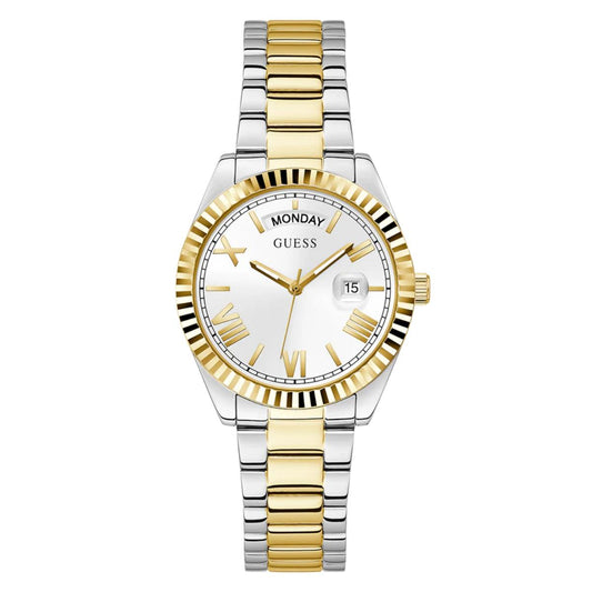 Two-tone gold and silver watch with a white face on a white background