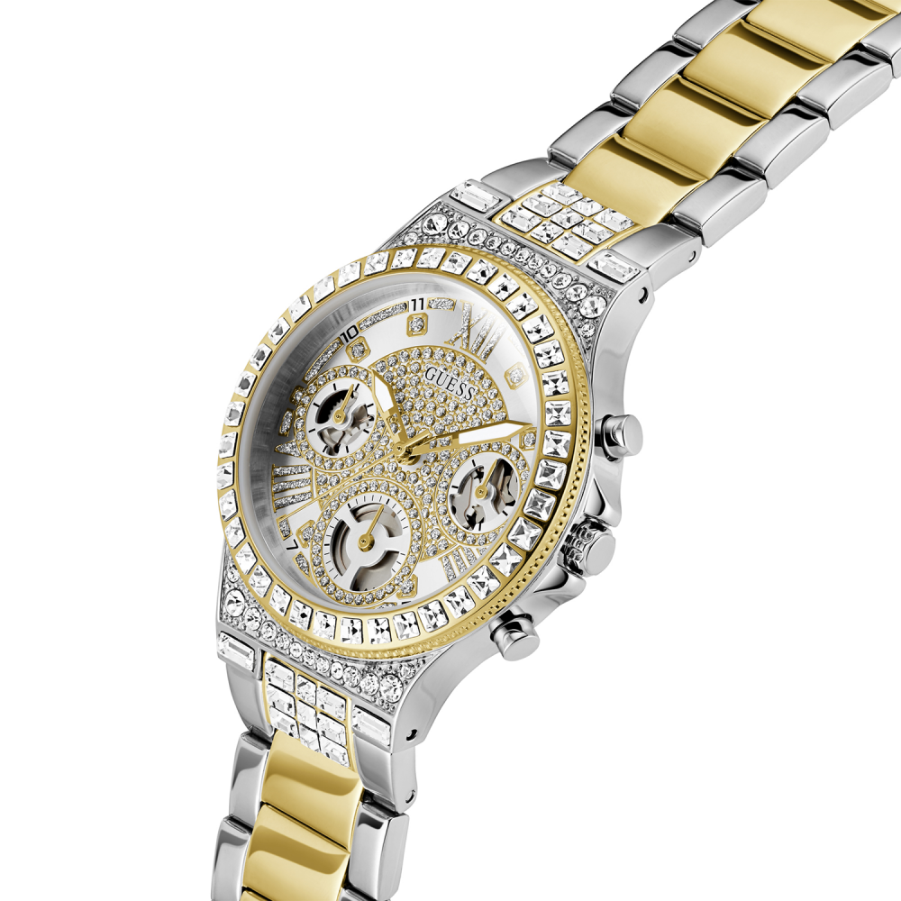 Luxury watch with a gold and silver band on a white background
