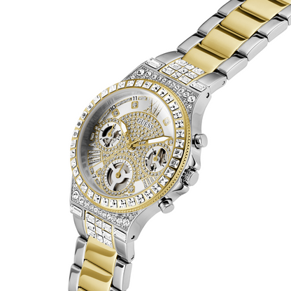 Luxury watch with a gold and silver band on a white background