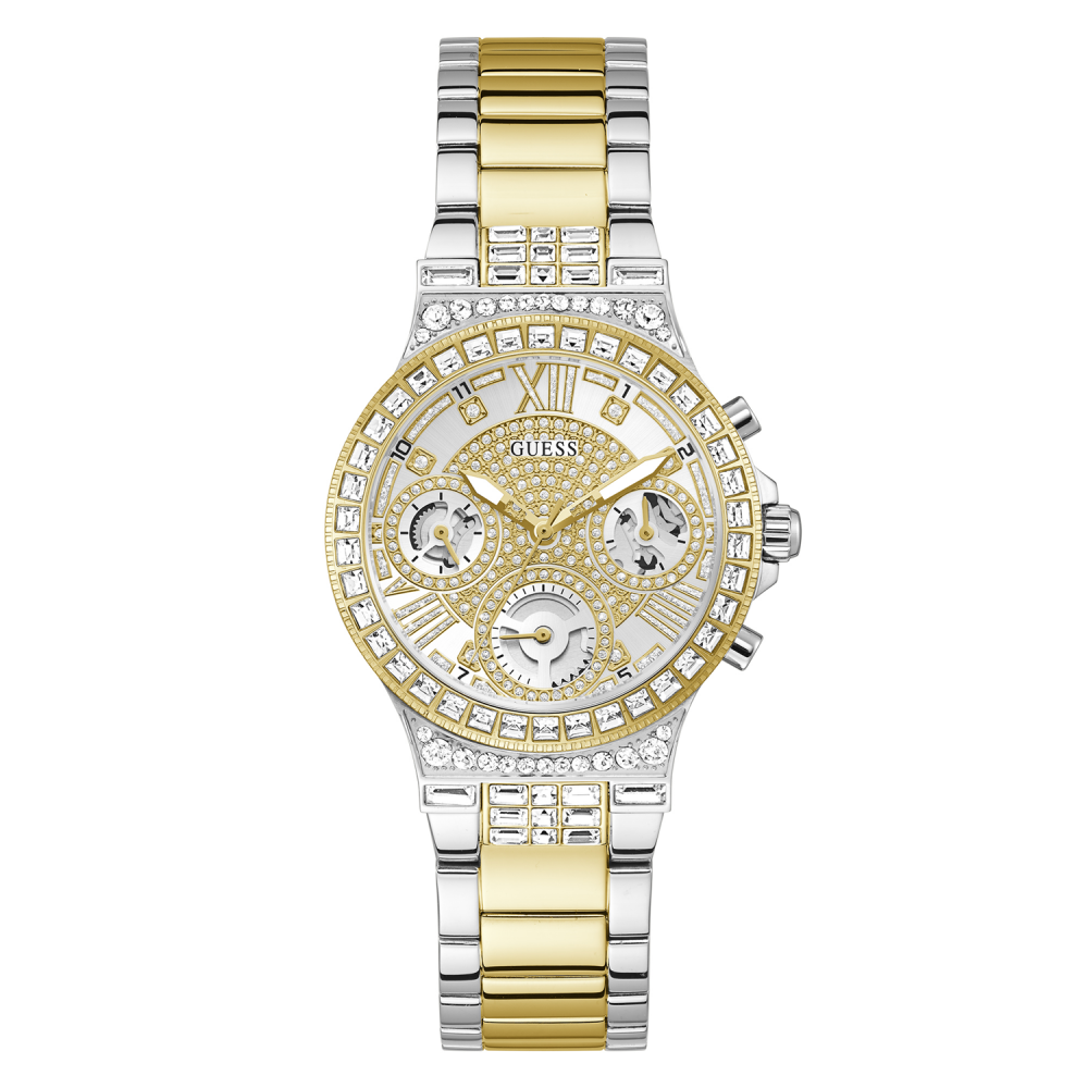 Two-tone silver and gold watch with a detailed face on a white background
