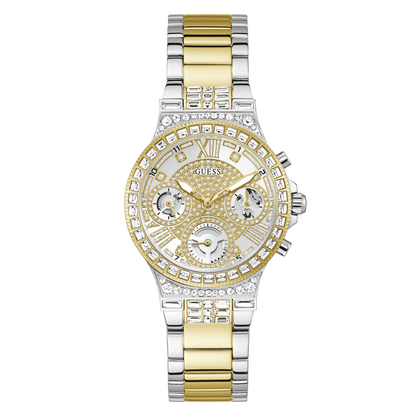 Two-tone silver and gold watch with a detailed face on a white background