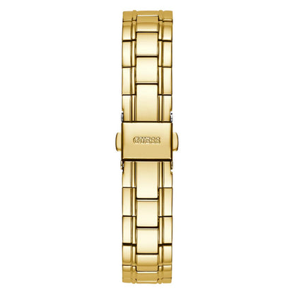Gold watch band with Guess logo on a white background