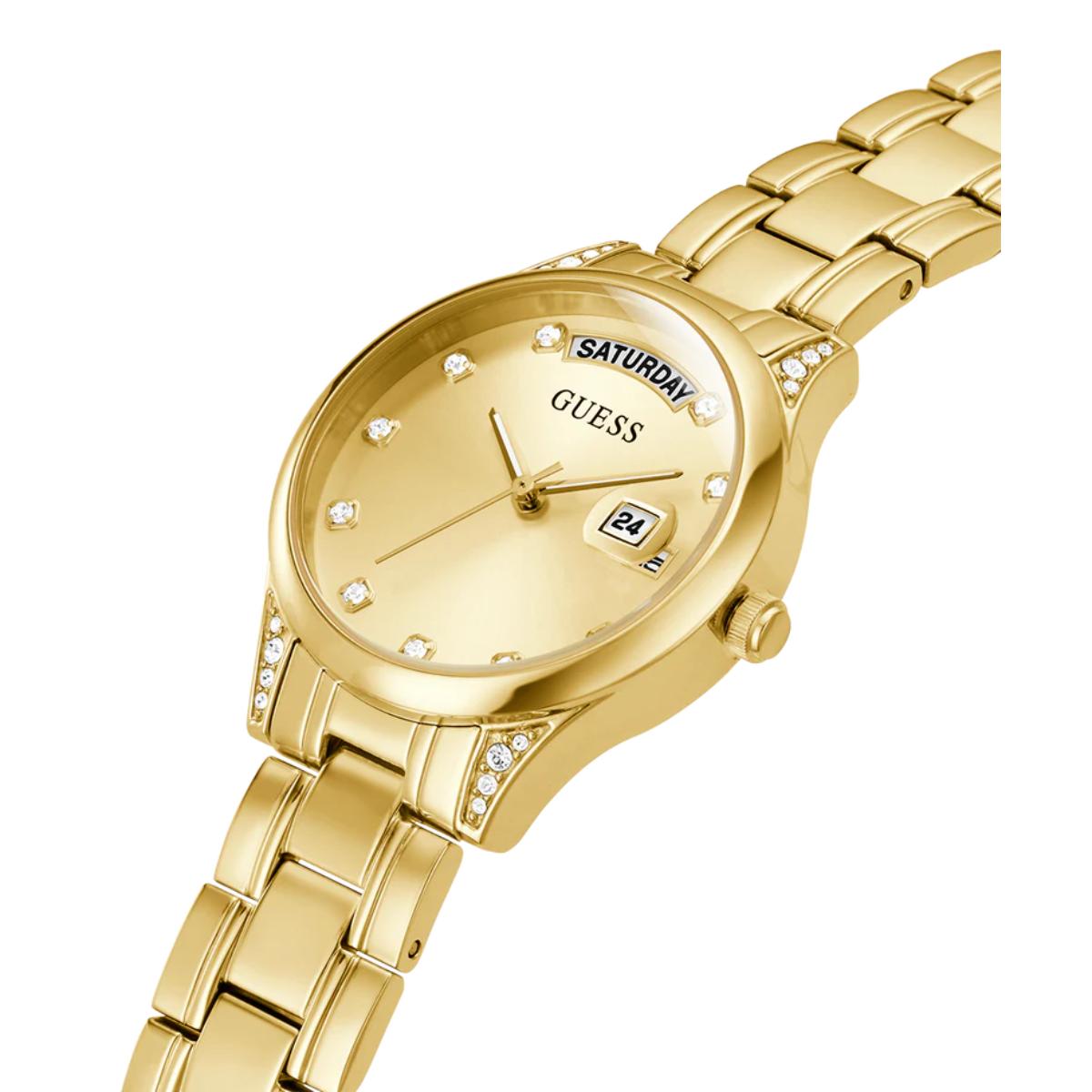 Gold watch with diamond-like accents on a white background