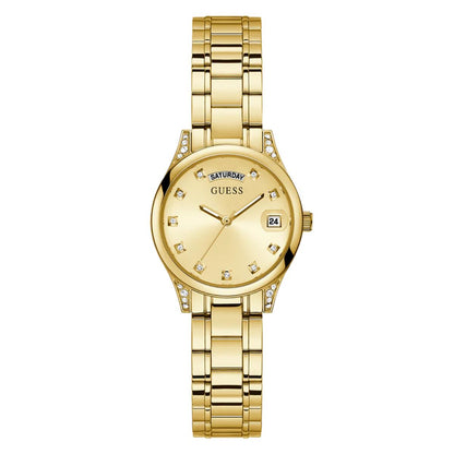 Gold watch with diamond accents on a white background