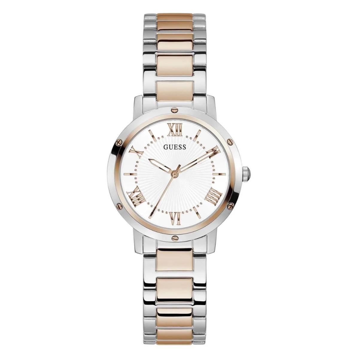 Guess watch with silver and beige two-tone band on a white background