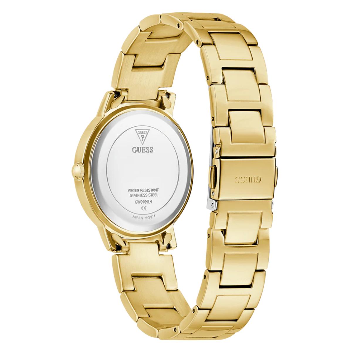 Gold watch with a visible brand logo on a white background