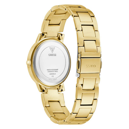 Gold watch with a visible brand logo on a white background