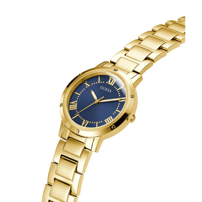 Gold watch with a blue dial on a white background