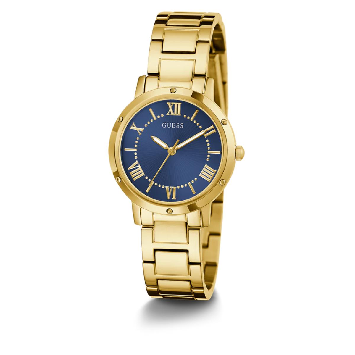 Gold watch with a blue dial on a white background
