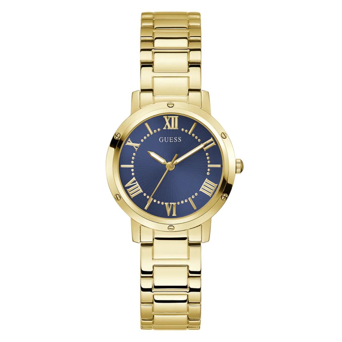 Gold watch with a blue face on a white background