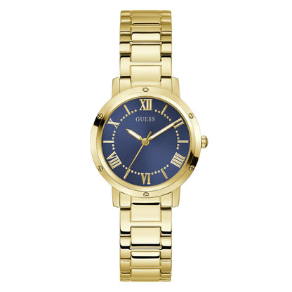 Gold watch with a blue face on a white background