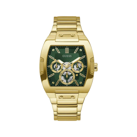 Gold watch with a green face on a white background