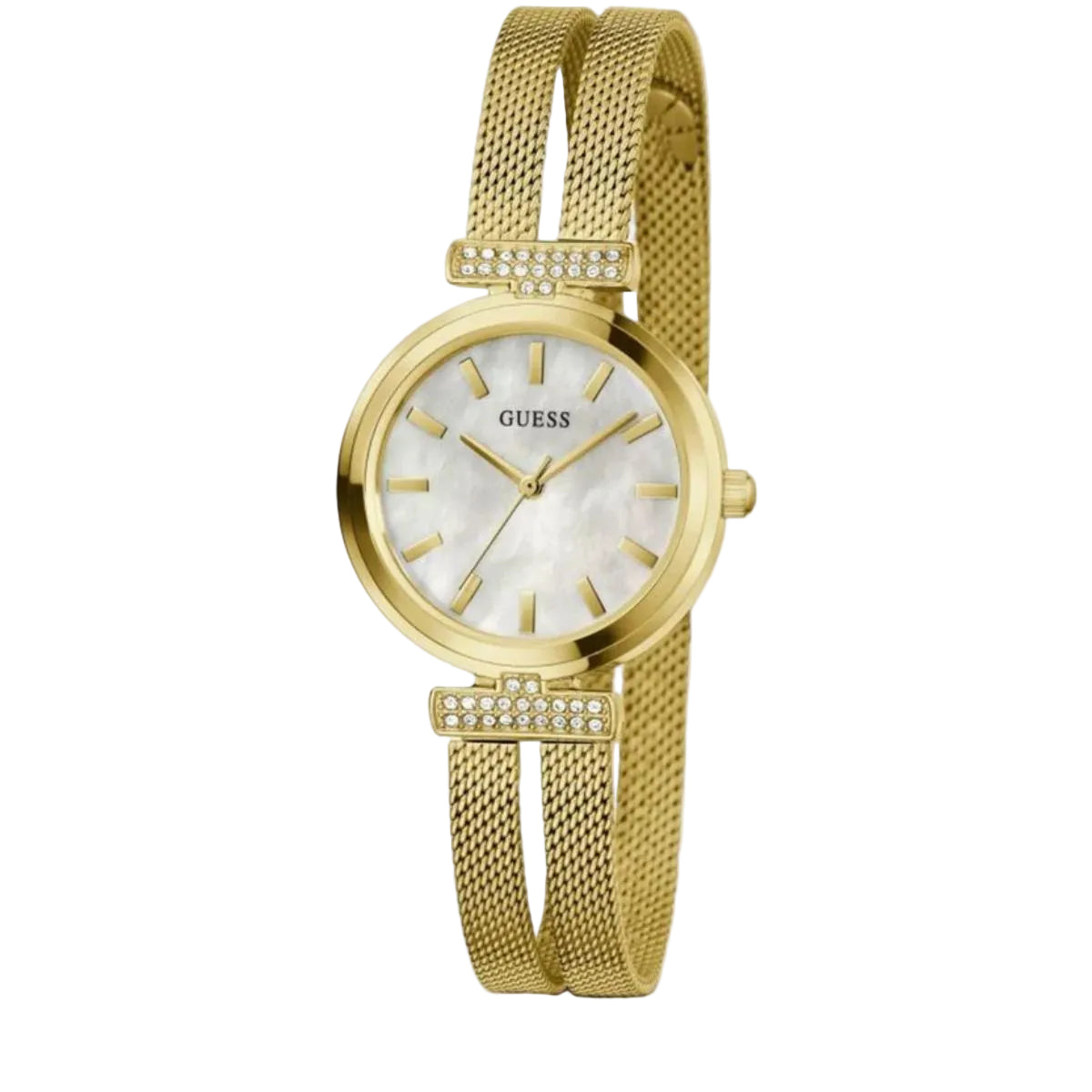 Gold watch with a white face on a light gray background