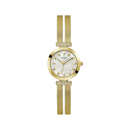 Gold watch with a mesh band on a white background