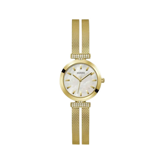 Gold watch with a mesh band on a white background
