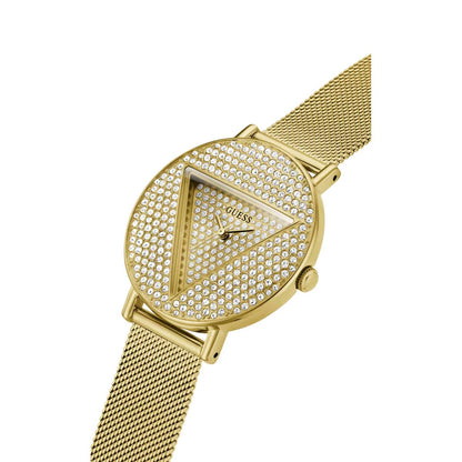 Gold watch with mesh band and crystal embellishments on a white background