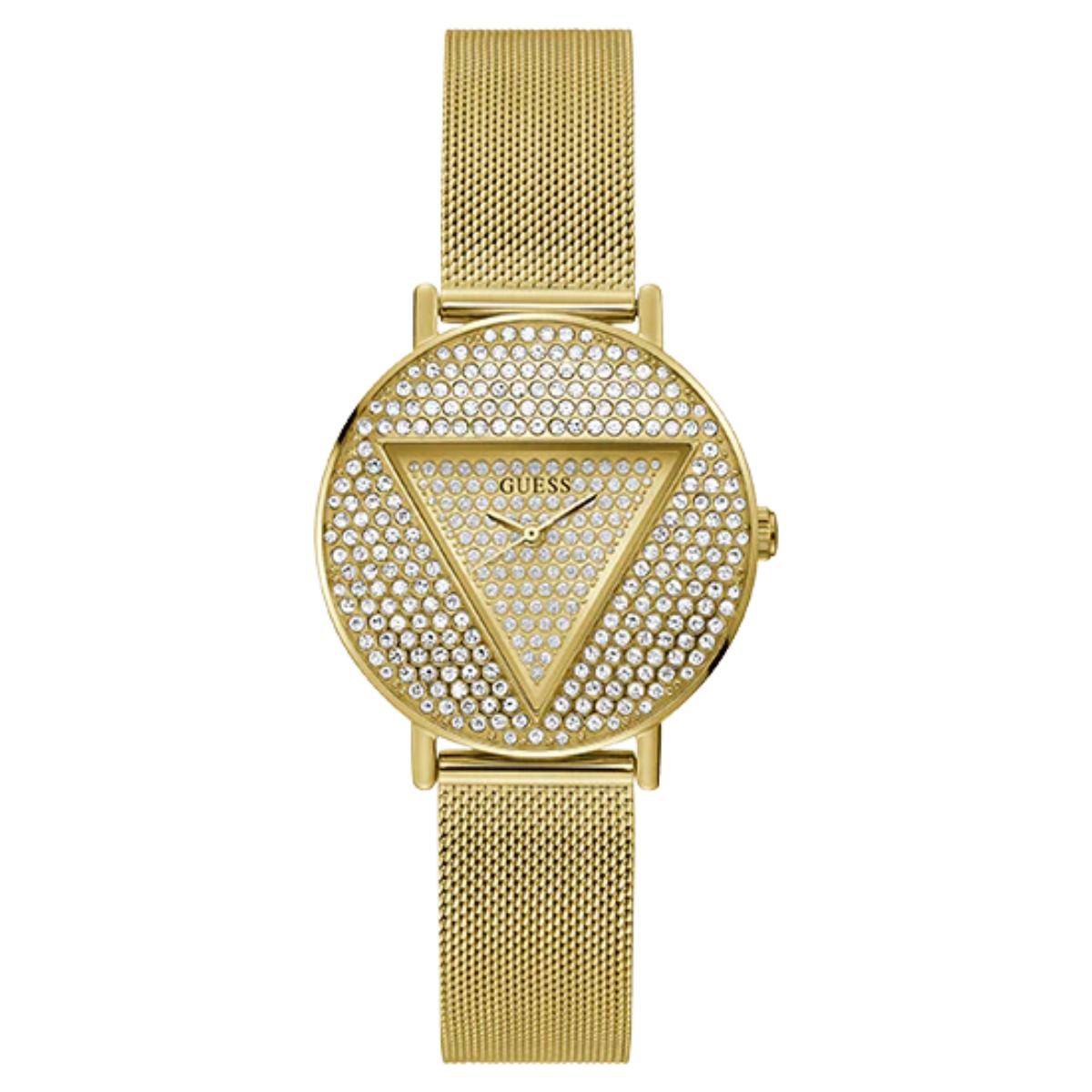 Gold watch with a triangular design and mesh band on a white background