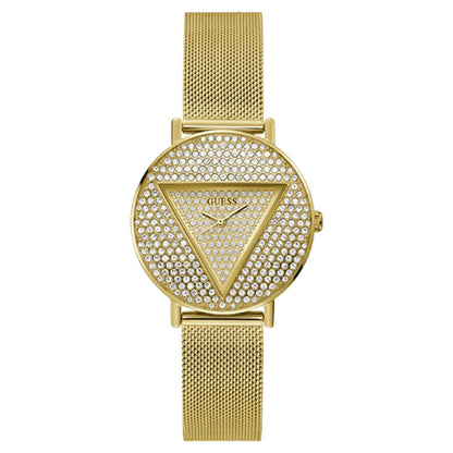 Gold watch with a triangular design and mesh band on a white background