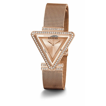 Rose gold watch with triangle design on a white background