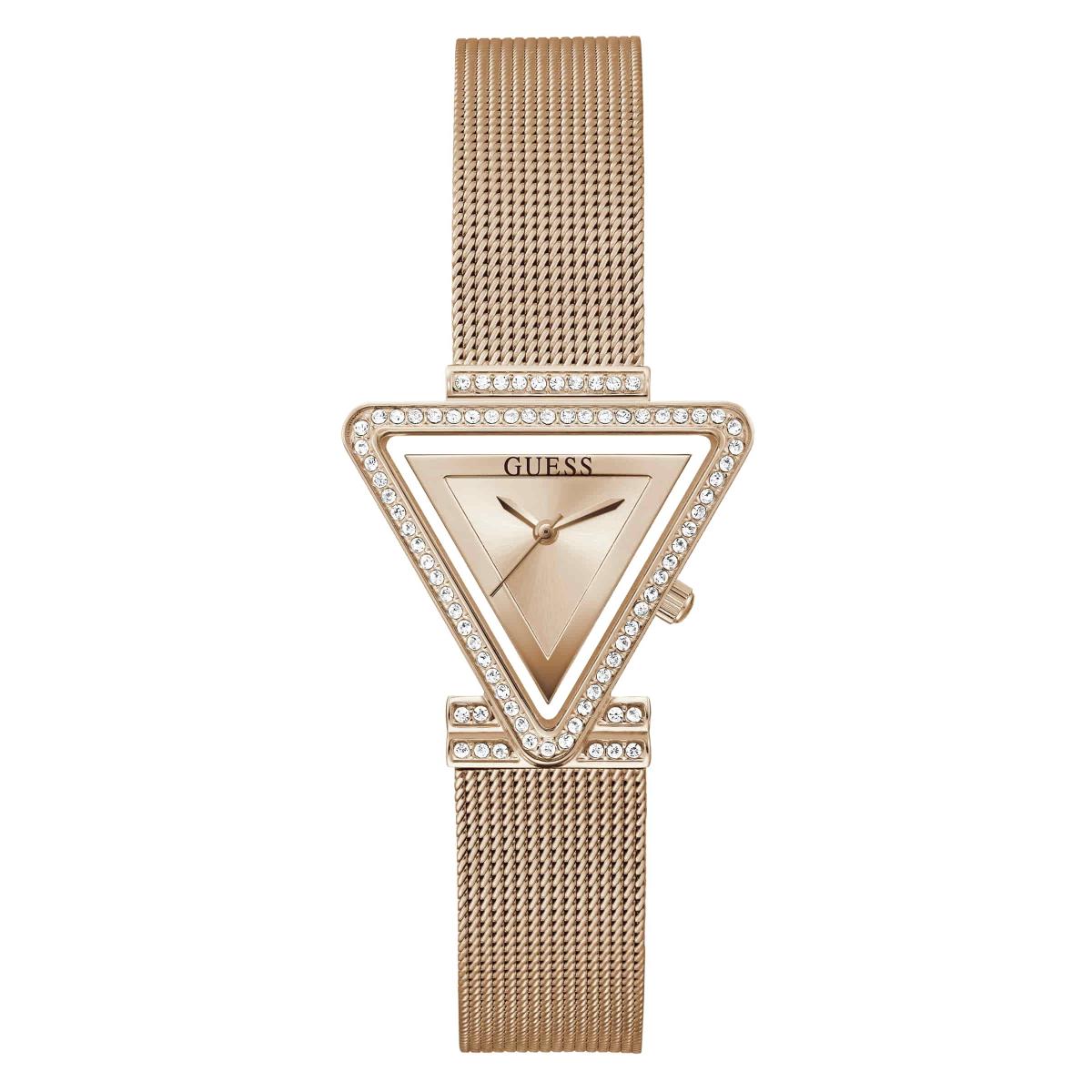 Rose gold watch with triangle design and mesh band on a white background