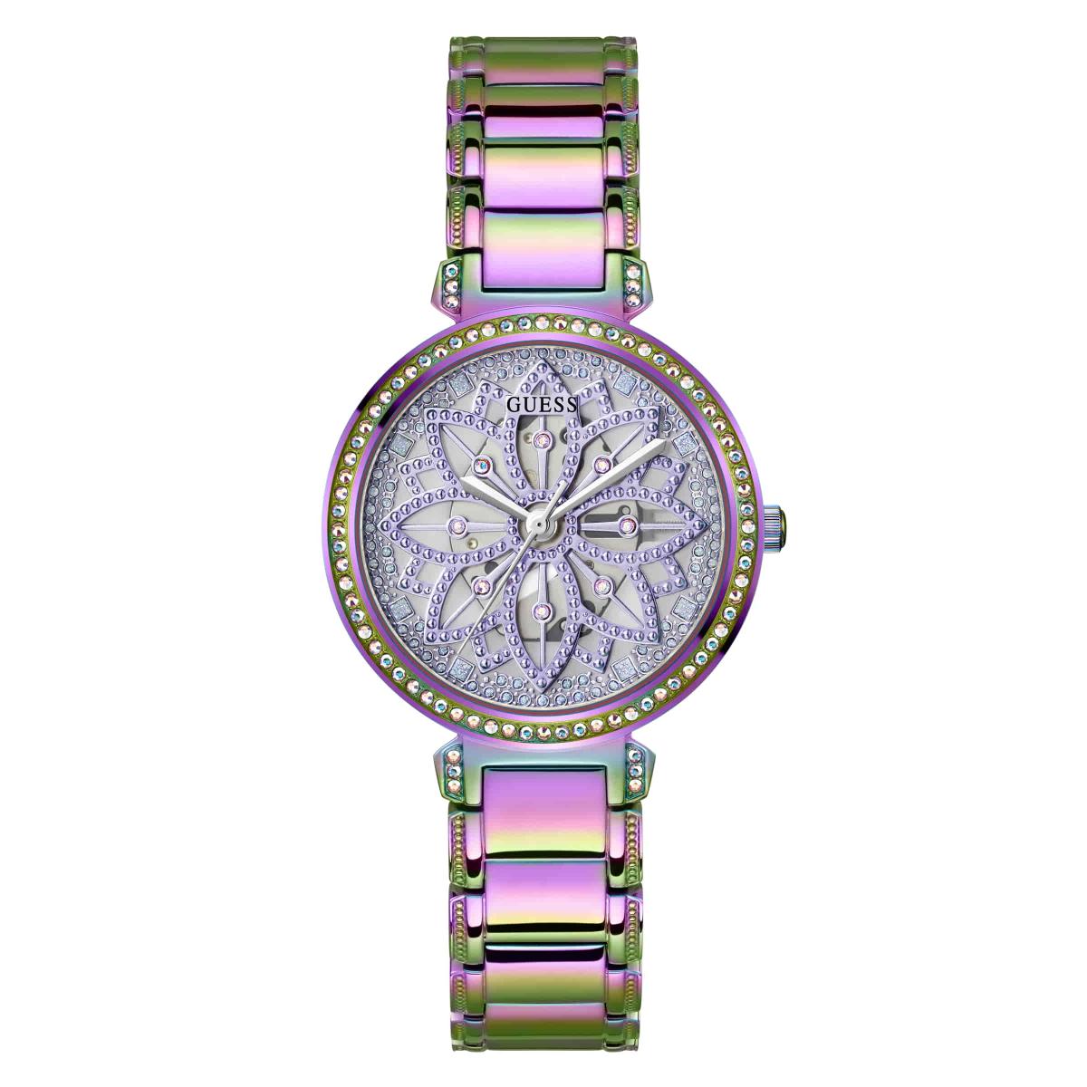 Multicolored watch with a detailed face on a white background